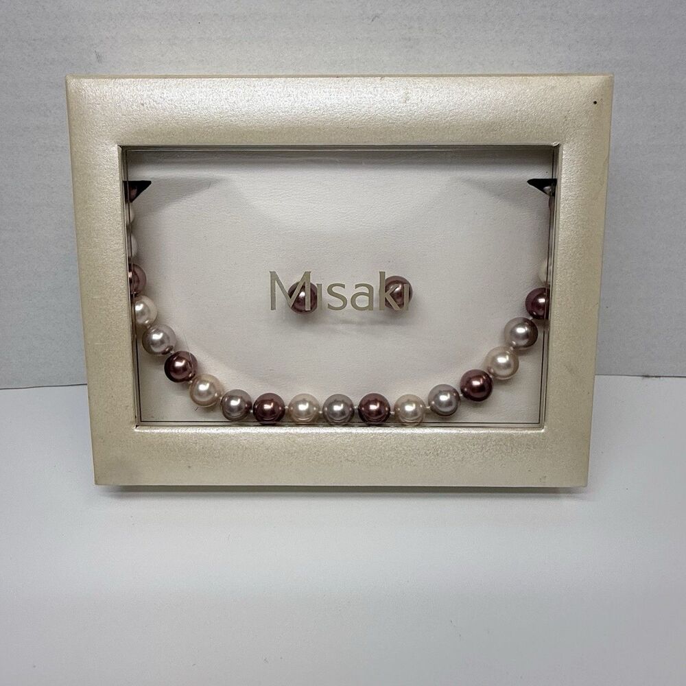 Misaki 3 Tone Pink Shades 48” Long Pearl Necklace And Stud Earring Set New